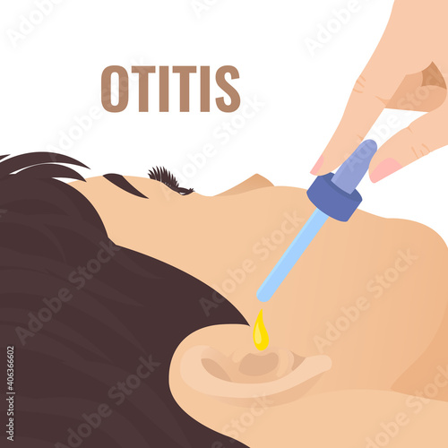 Doctor putting in the drops to the patient ear. Otitis disease treatment. Remedy for hearing problems. Earache as a symptom of coronavirus. Medical vector illustration in closeup.