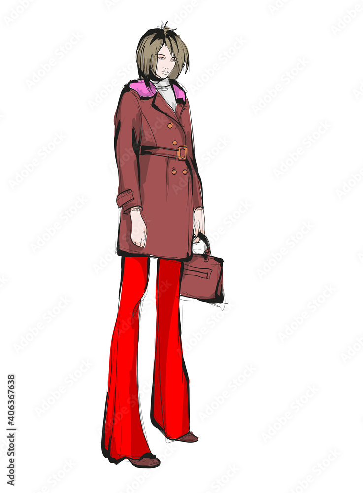 Young beautiful woman in winter clothes. Sale concept. Hand-drawn fashion illustration Young beautiful woman in winter clothes. Sale concept. Hand-drawn fashion illustration