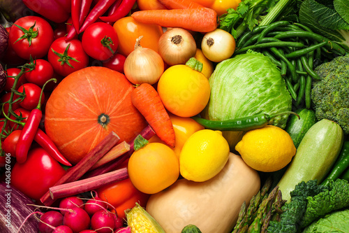 Many fresh vegetables as background  top view