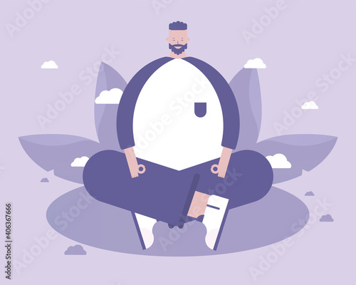 A man is meditating. Deep meditation. Hyperbolism Style. Vector illustration for telework, remote working and freelancing, business, start up, social media and blog