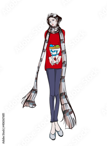 Young beautiful woman in winter clothes. Sale concept. Hand-drawn fashion illustration