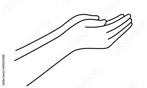 Male or female outstretched hands from the side with palm up. 
An outstretched hand asking for something or giving something.
Black lines Isolated on white background. Empty human palms. Vector design