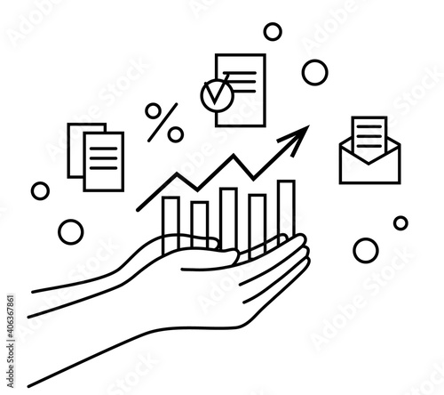 Outstretched hands are holding an ascending graph. Stylized chart graph, data, envelope, documents, reports. Data analysis and business planning signs. Black contours isolated on a white. Vector.