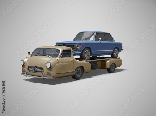 3d rendering concept tow truck transporting blue car isolated on gray background with shadow