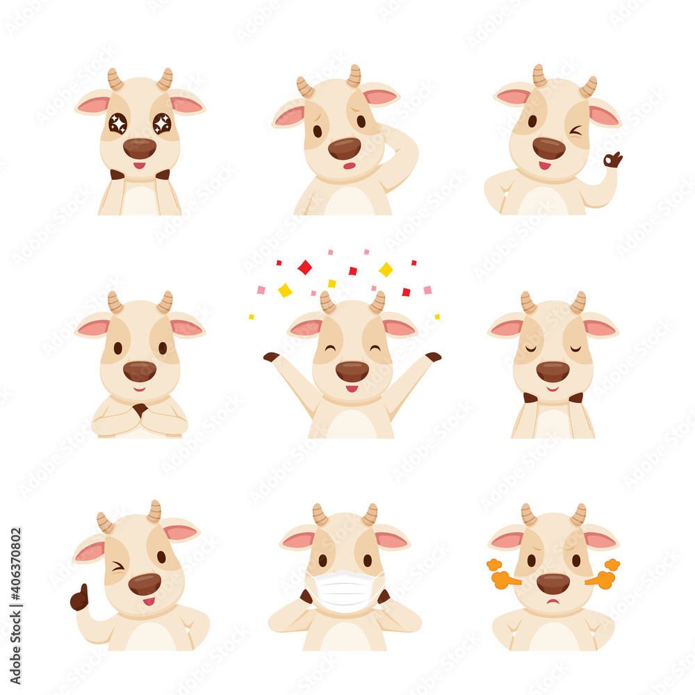 Cartoon Character Of The Ox, Emoticons Set, Year Of The Ox Cartoon Character Of The Ox, Emoticons Set, Year Of The Ox