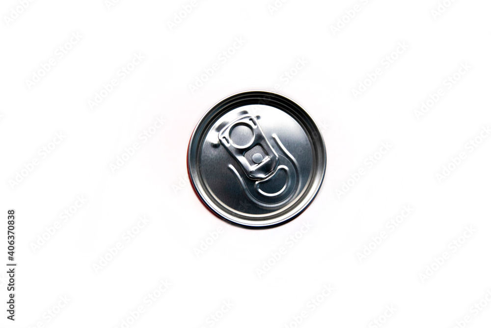 Aluminum can on a white background, with water drops, top view. Aluminum can on a white background, with water drops, top view.