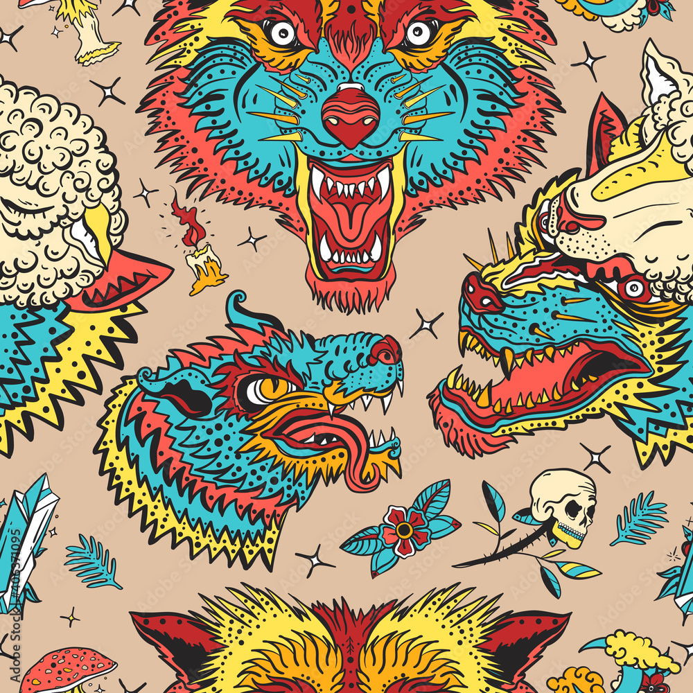 Wolves colorful pattern. Dark gothic background. Werewolf in sheep clothing. Magic fairy tale style