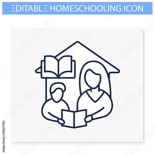 Reading book line icon. Child learns to translate text with mom. Home education concept. Distant remote teaching and homeschooling. Editable vector illustration