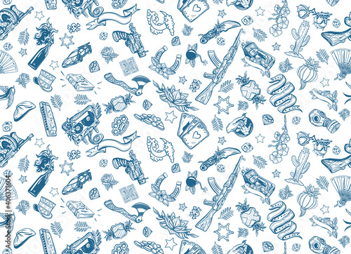 Old school tattoo elements, vintage seamless pattern. Pop culture art background