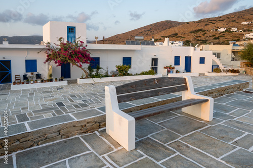 A bench in the square in the center of Chora on the island of Ios. Cyclades  Greece