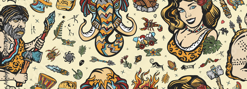 Stone age seamless pattern. Old school tattoo vector style. Cave man neanderthal, hunting mammoth, prehistoric woman. Neolithic and epipaleolithic people background. Homo sapiens evolution art