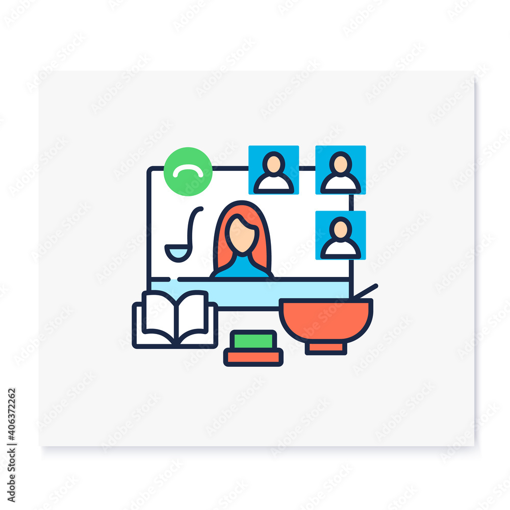 Remote cooking together color icon. Meeting online concept. Internet streaming website. Social distanced culinary training course, master class. Isolated vector illustration Remote cooking together color icon. Meeting online concept. Internet streaming website. Social distanced culinary training course, master class. Isolated vector illustration