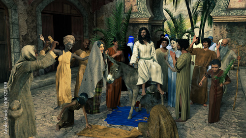 Palm Sunday. Jesus rides the donkey into Jerusalem: Bible passages Mark 11: 1-11, Matthew 21: 1-11. Artistic Bible illustration. 3d illustration, 3d rendering