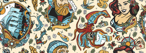 Sea adventure vintage seamless pattern. Old school tattoo style. Marine background. Nautical art. Funny underwater monster. Sea wolf captain, octopus kraken, pirate ship and sailor girl