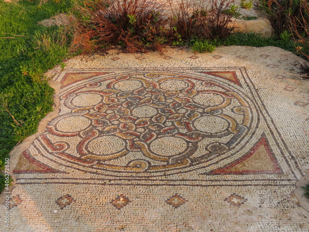 Remains of an ancient mosaic of a 6th-century Orthodox church at Tel Shikmona in Haifa, Israel.