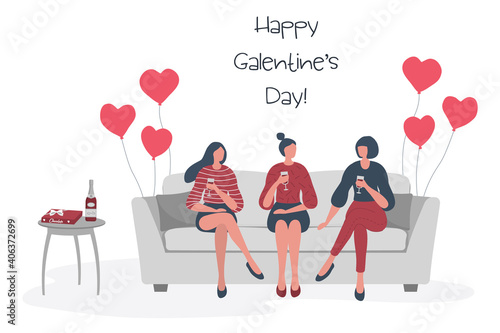Galentine's day. Slumber party. Three young women are sitting on the sofa and drinking wine. There are heart-shaped balloons. There is also a table with a bottle of wine and a box of chocolates.Vector