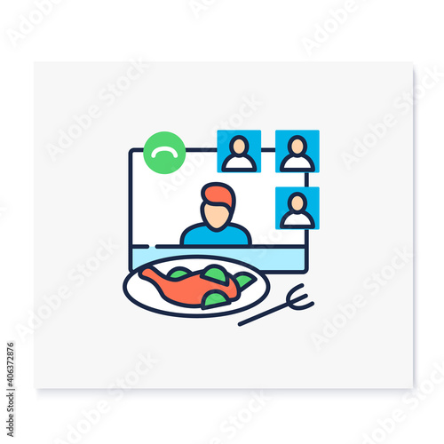 Online dinner party color icon. Meeting together concept. Live stream holiday celebration. Social distanced party. Remote public event, community. Isolated vector illustration