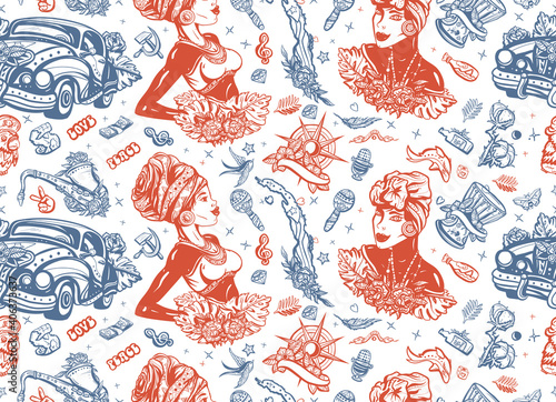 Cuba seamless pattern. Havana retro cars. Map, beautiful cuban woman, jazz music. History and culture, island of freedom. Traditional tattooing background