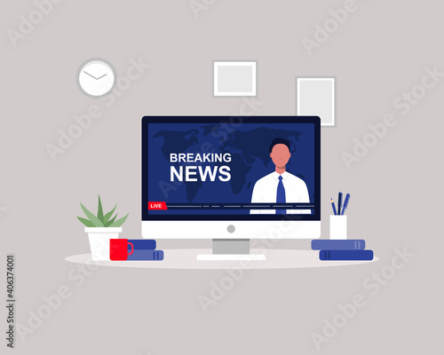 Watching news on the computer via internet at the home or office. Vector illustration in cartoon flat style.