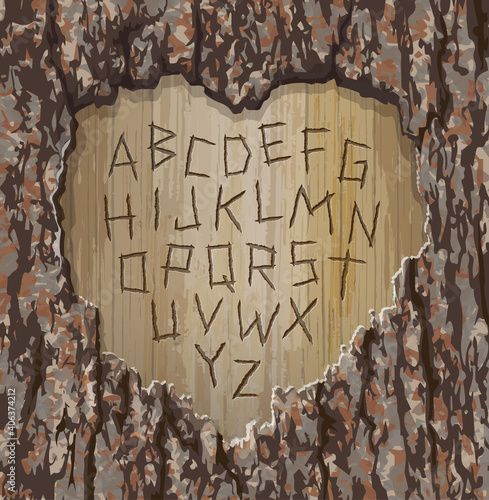 Alphabet letters carved into a tree with heart shape cut out.  Easy to edit font for your design. Vector illustration for Valentine's Day.