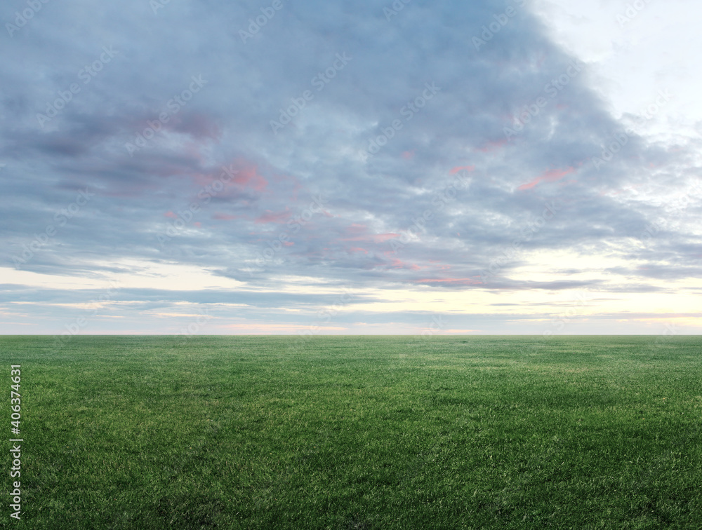 Image of green grass field and cloudy sky Image of green grass field and cloudy sky