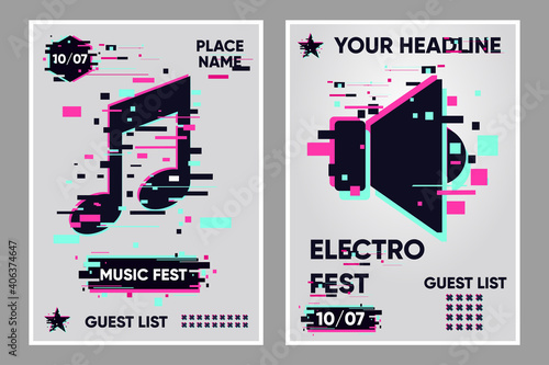 Music festival vector banner. Posters set with music note and audio. Party background, electronic style. Glitch trendy illustration. Dance event banner template.