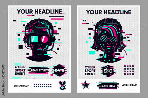 Video game posters set. Gamer competition banners template. Glitch style graphic with people. Vector flyer template for cyber battle.