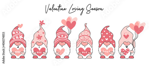 cute Valentine Gnome in pink with heart balloon and letter, cartoon flat vector illustration