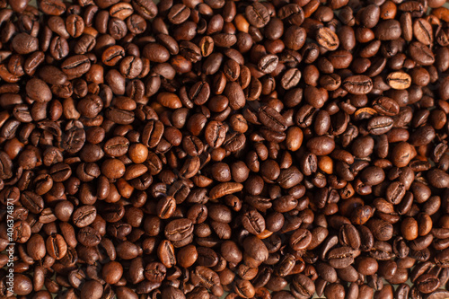Background of the roasted coffee beans. Good morning. Coffee shop.