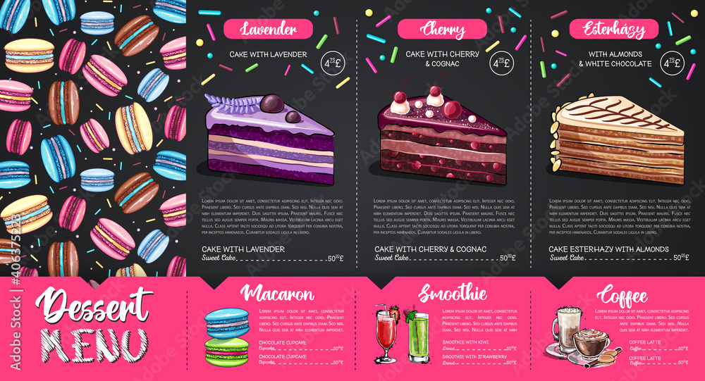 Chalk drawing dessert menu design with sweet french macaroons and cakes