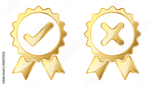 Check and cross icon. Gold approved and reject symbols