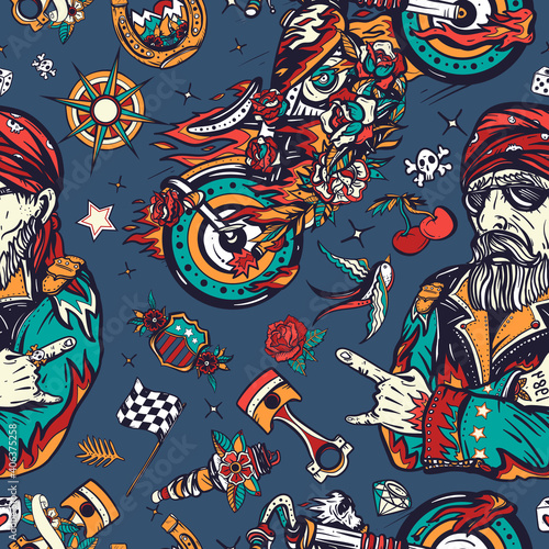 Bikers art pattern. Bearded biker man and motorcycle. Lifestyle of racers. Traditional tattooing background. American riders. Racing sport concept