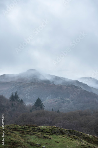Epic dramatic landscape image of view from Elterwater across towards Langdale Pikes mountain range on foggy Winter morning