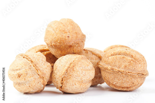 delicious pastry nuts with condensed milk isolated on white