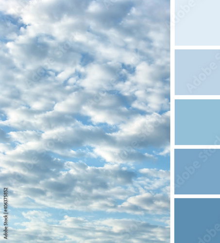 The beautiful blue gamma of bright azure sky with white and grey clouds. Color palette swatches, pastel nuances, shades and tones, fresh fashion trends in color combination inspired by natural beauty.
