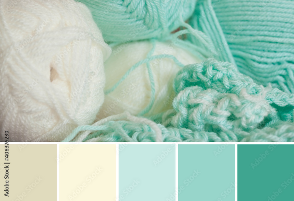 Close up colorful yarn texture background, light mint green and creamy  beige strains. Shallow depth of focus. Color palette swatches, fresh trendy  combination of colors for styling, pastel nuances. Photos | Adobe