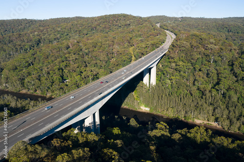 Photography Aerial view of the Pacific Motorway (M1) and the 74m high twin cantilever Mooney Mooney Creek Bridge