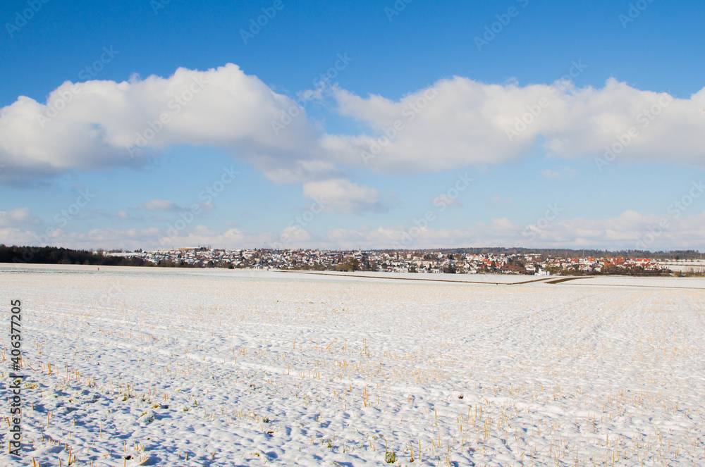 Winter landscape and Moetzingen, Baden-Wuerttemberg, Southern Germany
