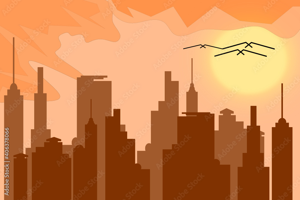 Fototapeta premium Morning, day city skyline landscape, town buildings in different time and urban cityscape town sky. Daytime cityscape. Architecture silhouette downtown vector background. Flat design