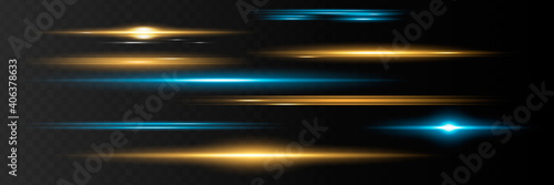 Blue horizontal lens flares pack. Laser beams, horizont