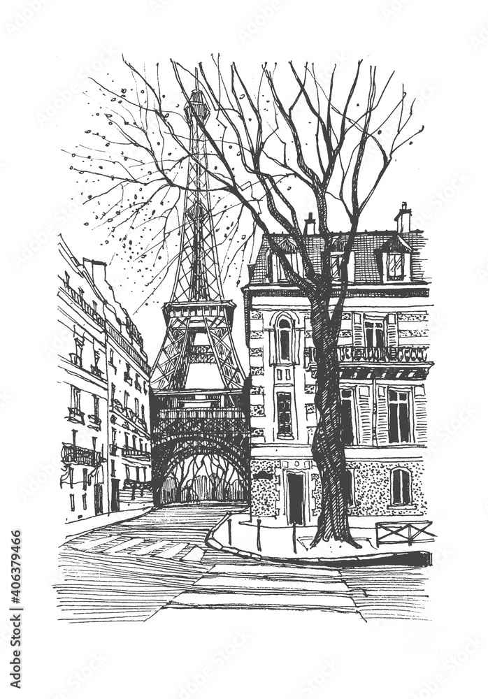 Architecture sketch draw graphic illustration black and white, Drawing urban landscape black and white graphics Paris, Liner sketches architecture of France Paris, Travel sketch of Eiffel tower.