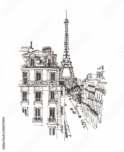 Canvas Print Architecture sketch draw graphic illustration black and white, Drawing urban landscape black and white graphics Paris, Liner sketches architecture of France Paris, Travel sketch of Eiffel tower