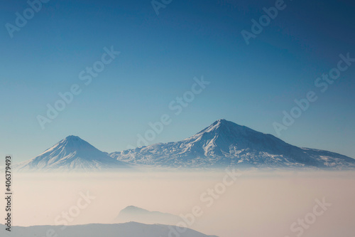 View of the snowy peaks of Mount Ararat from Armenia side
