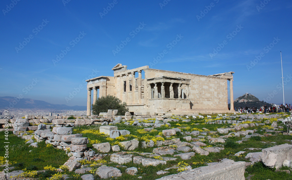 Temple Erechtsunny, summer, day, city, antique, historic, classical, sky, building, europe, old, tourism, acropolis, ancient, ancient greece, antiques, archeology, heion in Acropolis in Athens, Greece
