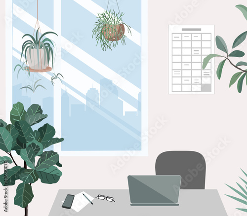 Modern workplace with chair, table, notebook, window, and plants. Empty home office interior. Nobody in cabinet space. Work place for quarantine and lockdown. Vector illustration isolated on white