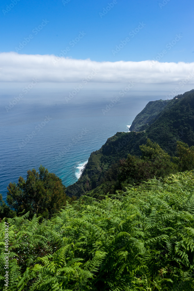 Lush mountain Viewpoint onto the atlantic ocean, Madeira Island