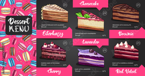 Chalk drawing dessert menu design with sweet french macaroons and cakes