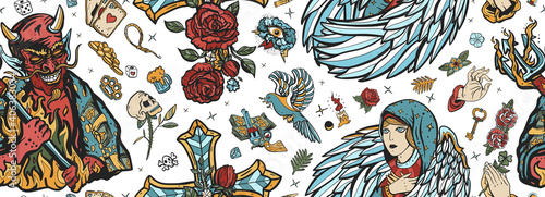 Angel and demon seamless pattern. Old school tattoo style. Good and evil. Cross with roses, hands prayer, dove. Sin and holiness. Paradise and Hell art. Terrible satan with pitchforks and holy nun