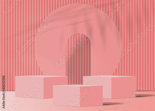 pink 3d vector podium background with geometric podium Leaf shadow on the floor. Platforms shapes for product presentation minimal Abstract composition design, showcase, Valentine day  
