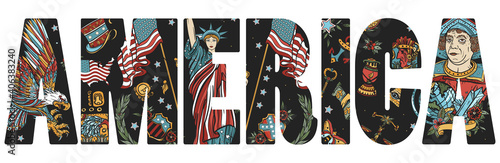 America slogan. United States of America art. Old school tattoo vector style. Statue of liberty, eagle, flag, map. History and culture. Traditional USA patriotic concept